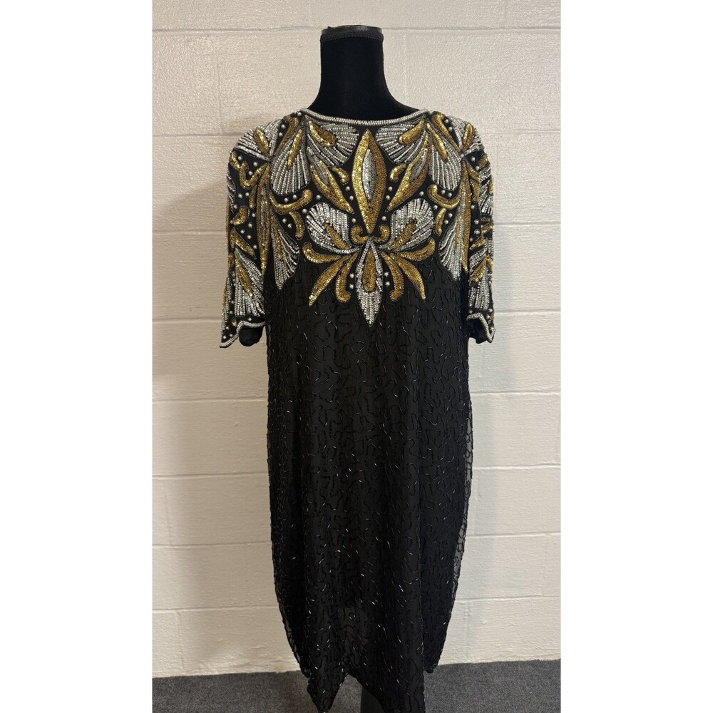 Laurence Kazar Women Beaded Black  Silk Short Sleeve Dress Round Neck Size 2X